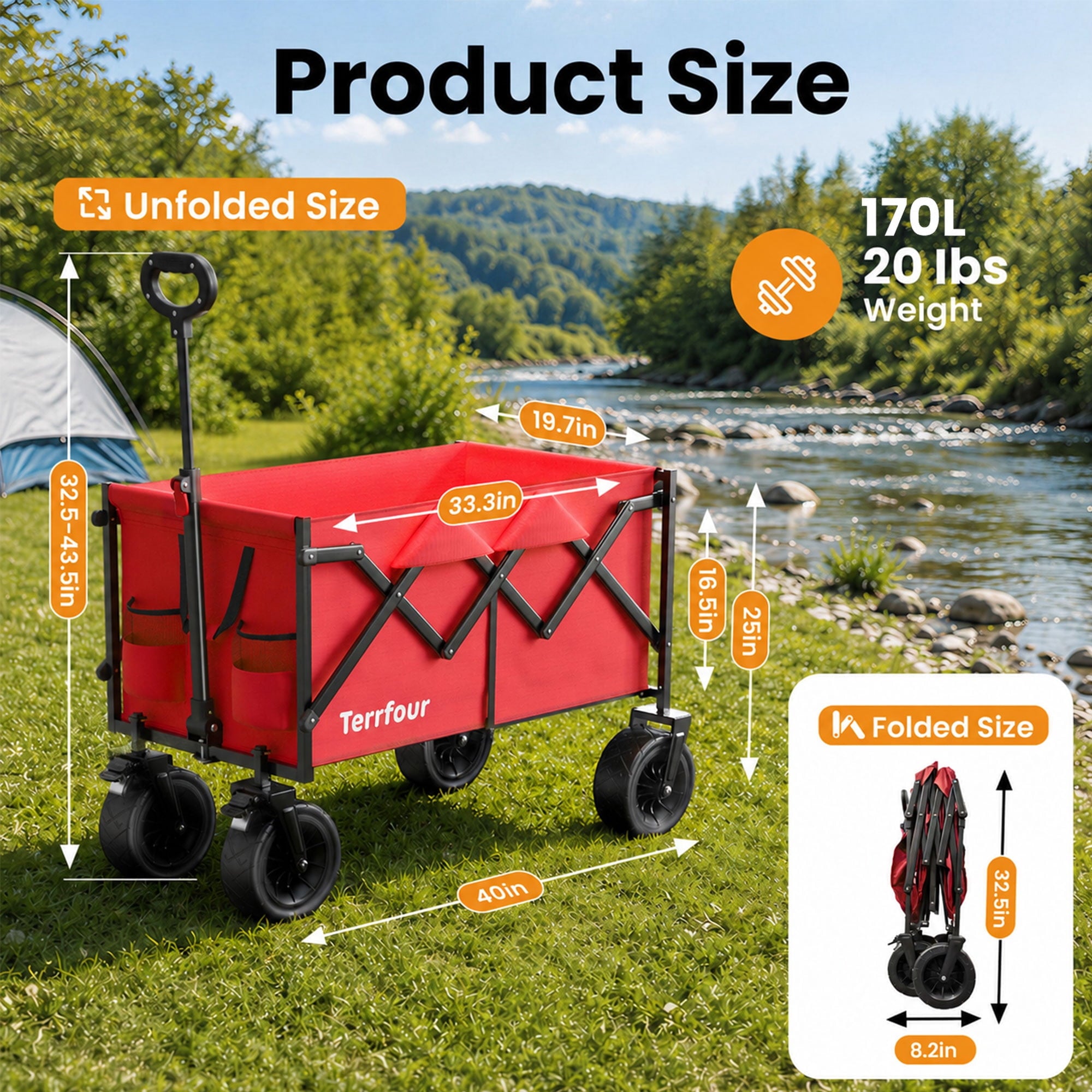 Terrfour 580LBS Collapsible Folding Wagon, Heavy Duty Utility Cart for Grocery, Shopping, Garden, Sports, Camping, Red