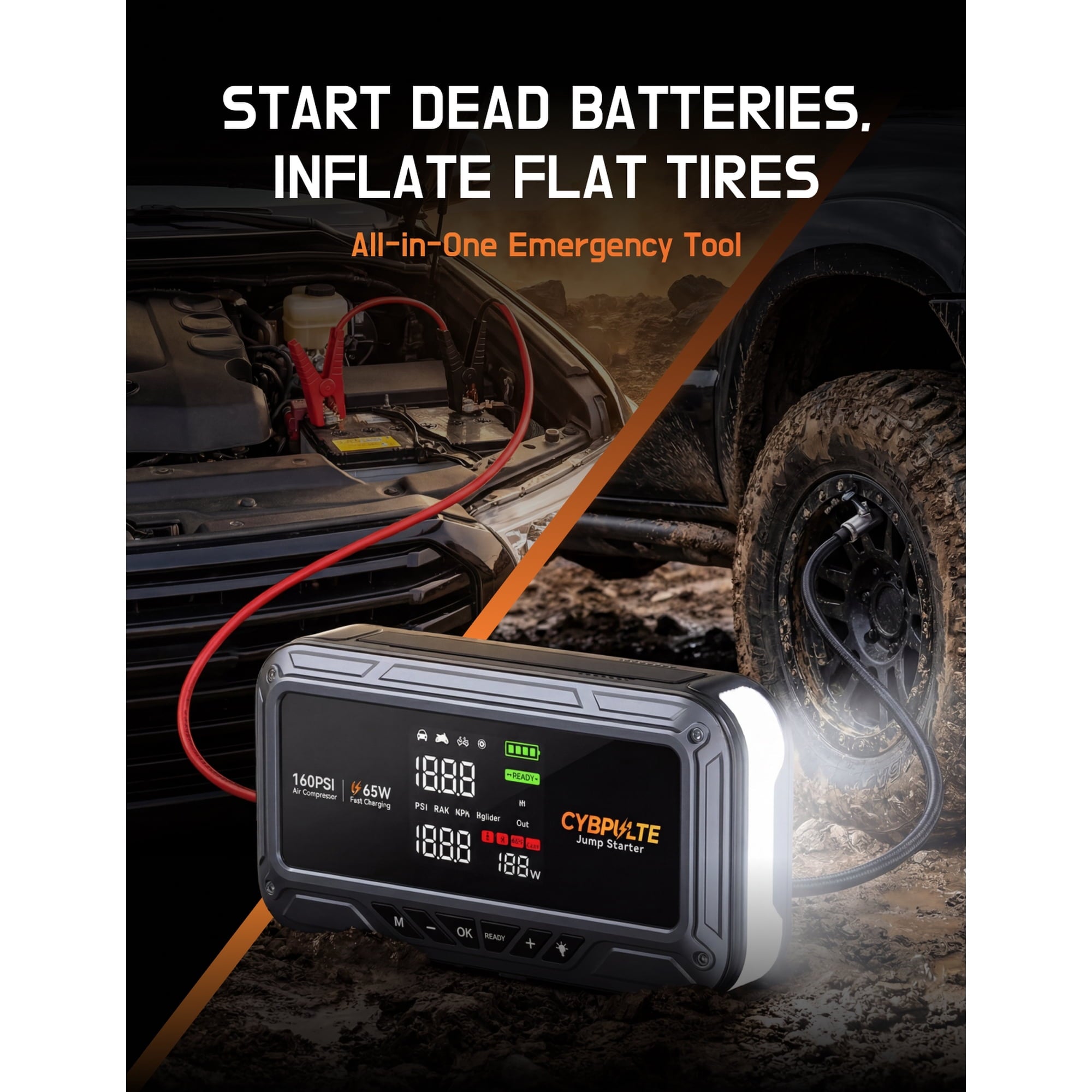 Bailibatt 8000A Peak Jump Starter with 160 PSI Air Compressor, 12V Car Battery Booster, Tire Inflator, 65W USB‑C Fast Charging, Portable Emergency Automotive Tool