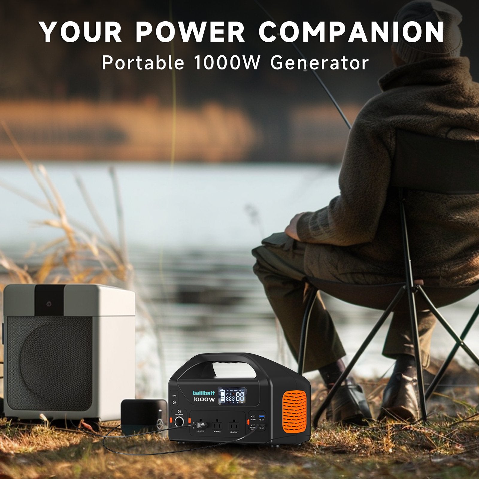 Bailibatt 808Wh Portable Power Station, 1000W Pure Sine Wave AC, PD 100W USB‑C, DC Car Port, Solar Charging for Camping and Home Backup