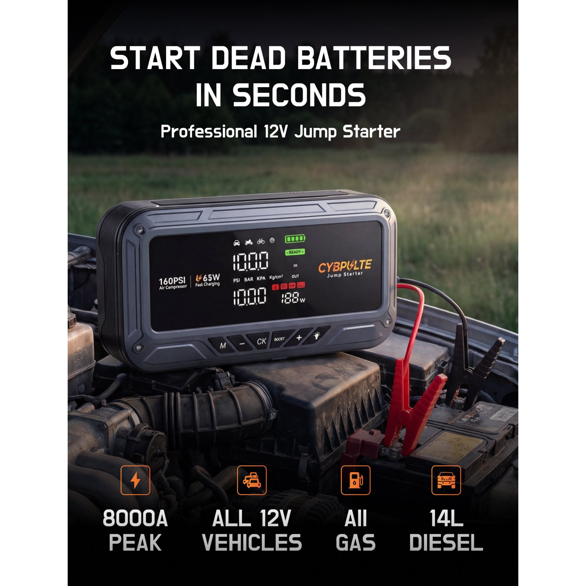 Bailibatt 8000A Peak Jump Starter with 160 PSI Air Compressor, 12V Car Battery Booster, Tire Inflator, 65W USB‑C Fast Charging, Portable Emergency Automotive Tool