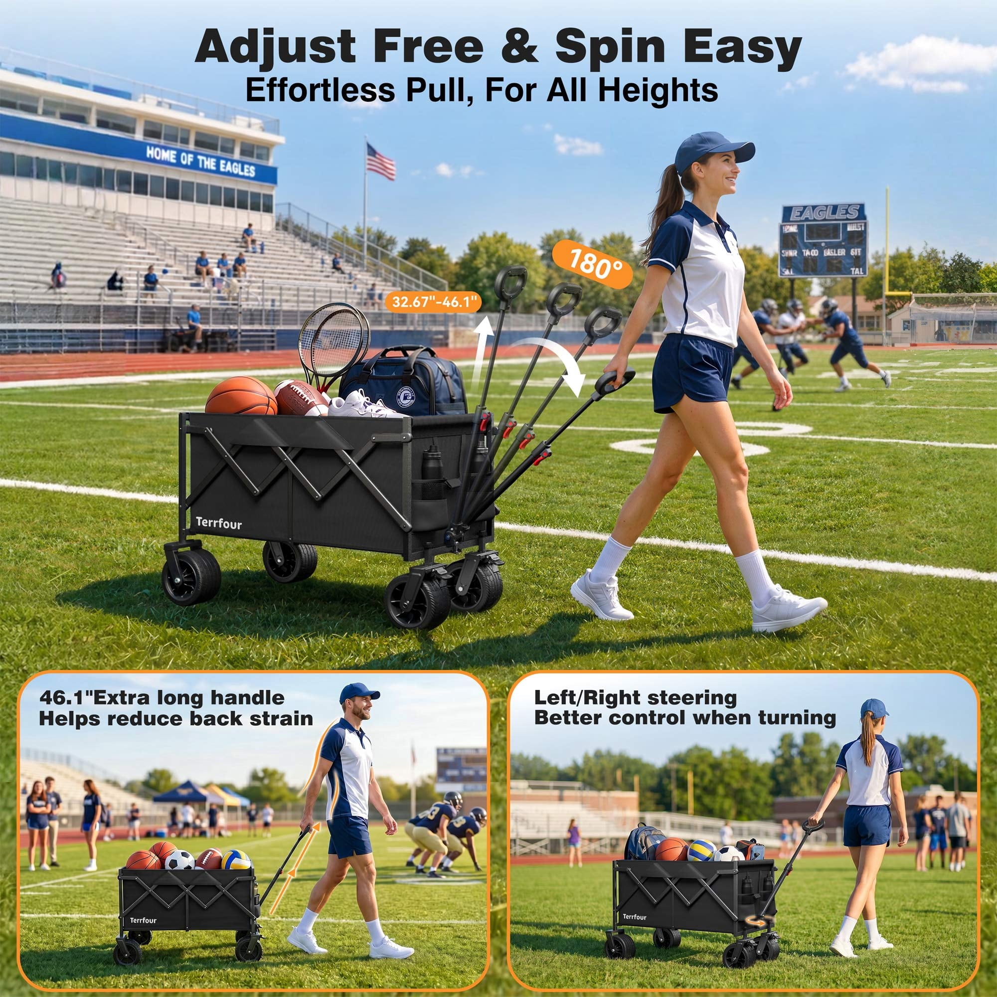 Terrfour Collapsible Wagon Cart with Tank Wheels, 580LBS Heavy Duty Folding Beach Wagon with Side Pocket for Camping Garden Sports Shopping, Black